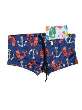 Fabula Bento Navy Euro‎ Swim Shorts with Red Fish & Anchor Print NWT 4T Sailing